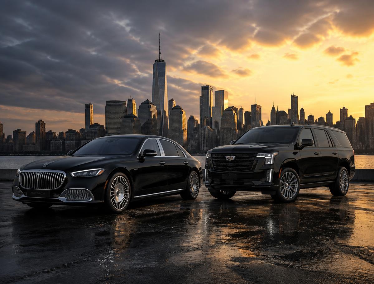 Black Maybach sedan and Escalade SUV with the New York City skyline at sunset