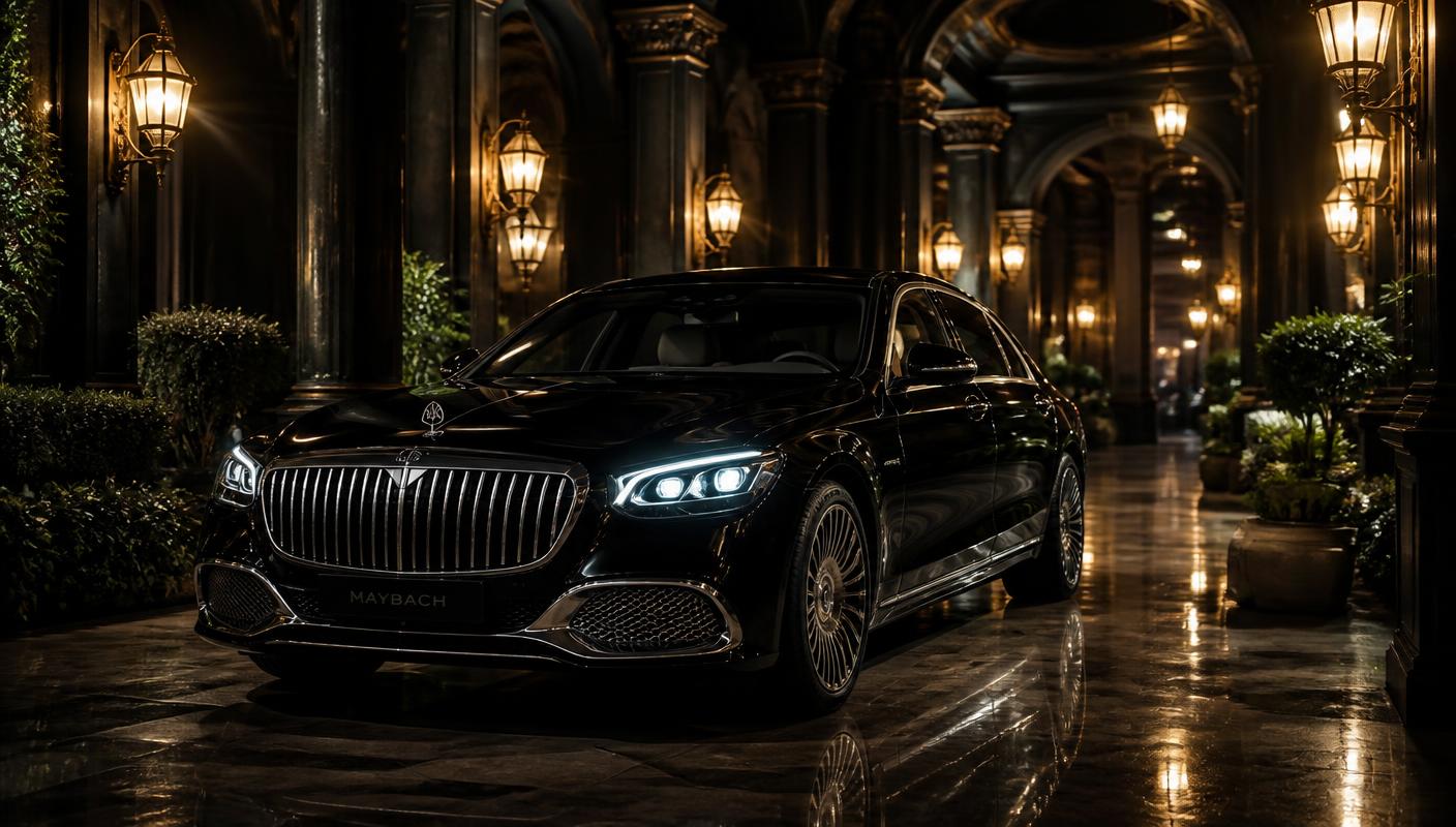 Black luxury sedan in a lantern-lit hotel colonnade at night